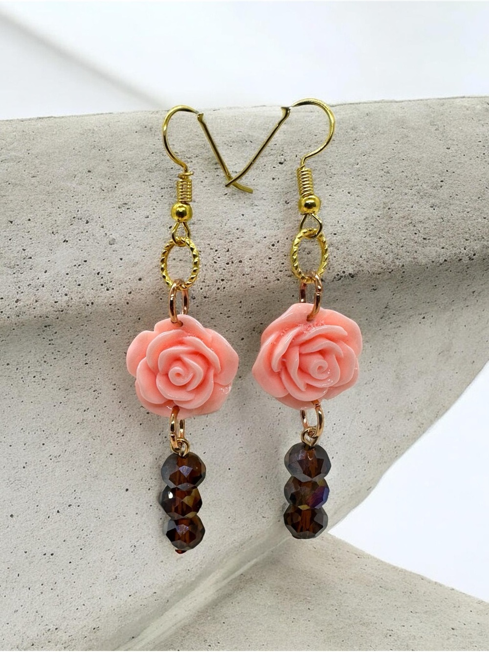 Pink Rose Flower Earrings with Crystal Beads, Gold-Tone Handmade Jewelry